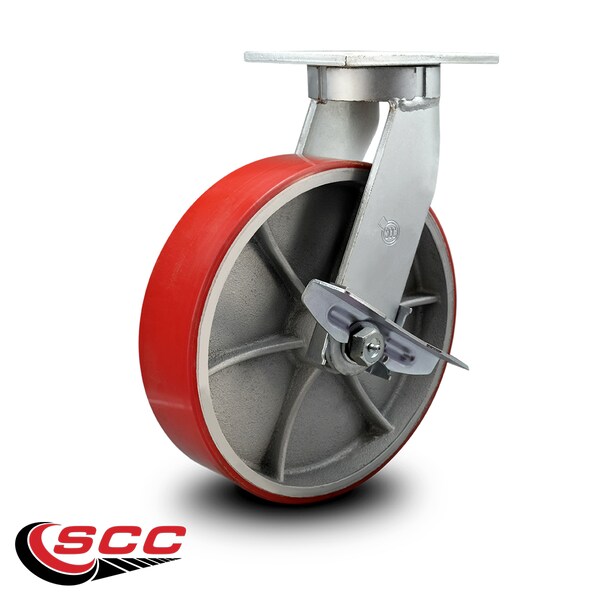 12 Inch Extra Heavy Duty Red Poly on Cast Iron Wheel Swivel Caster with Brake